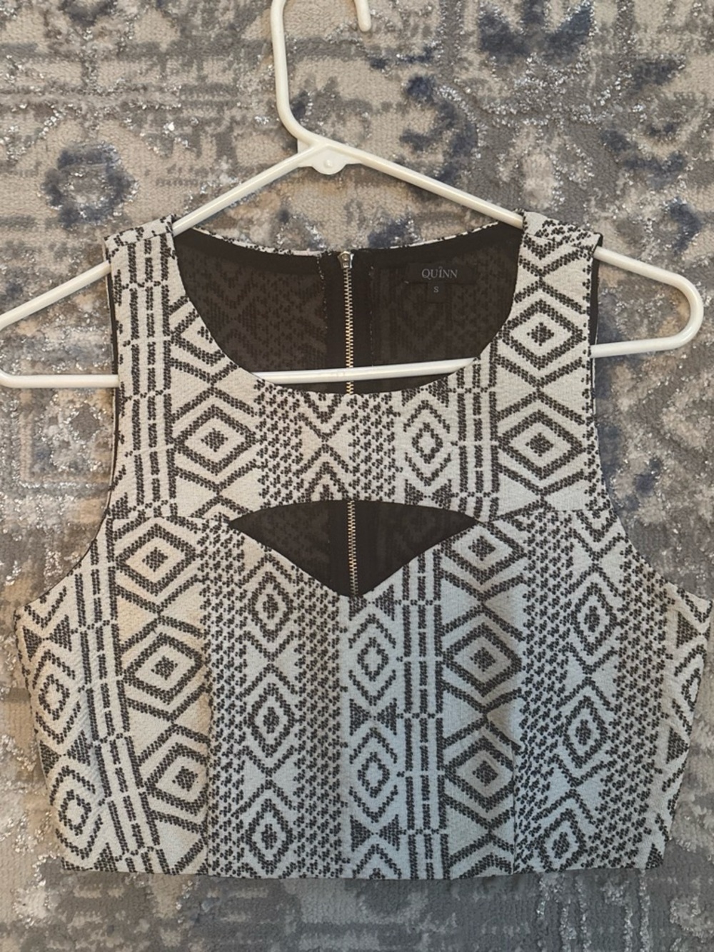Quinn Black and White Patterned Crop Top with Mesh Inset